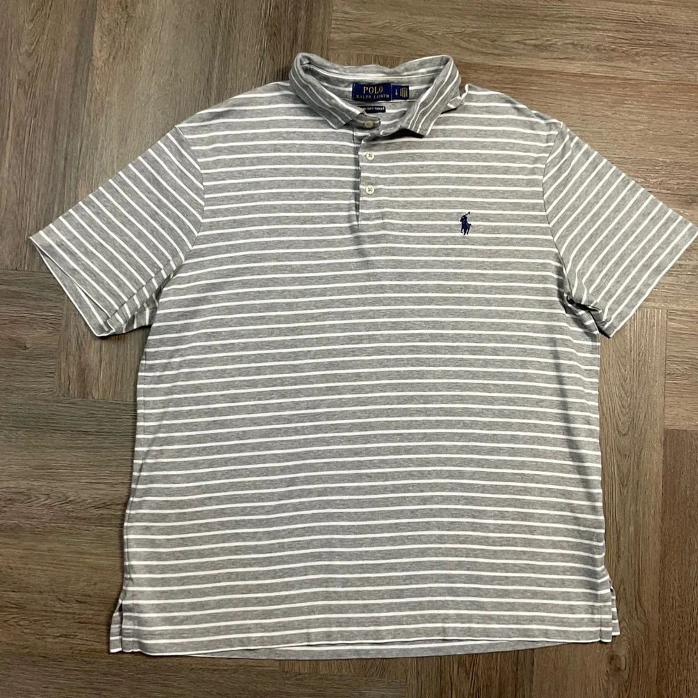 Polo Ralph Lauren Soft Touch Stripe Polo Shirt Mens Large Gray White Preppy Golf